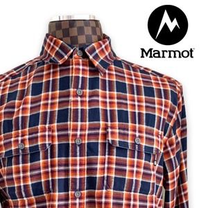 Marmot Mens Plaid Flannel Shirt Large Orange Blue Long Sleeve Button Up